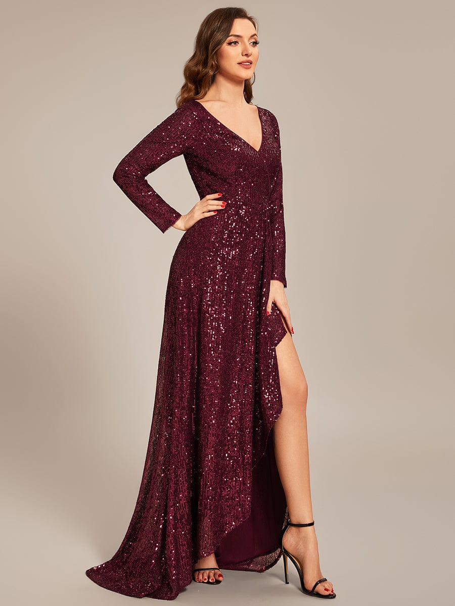 Robe de soirée Weitese à sequins, manches longues, col en V, ourlet asymétrique