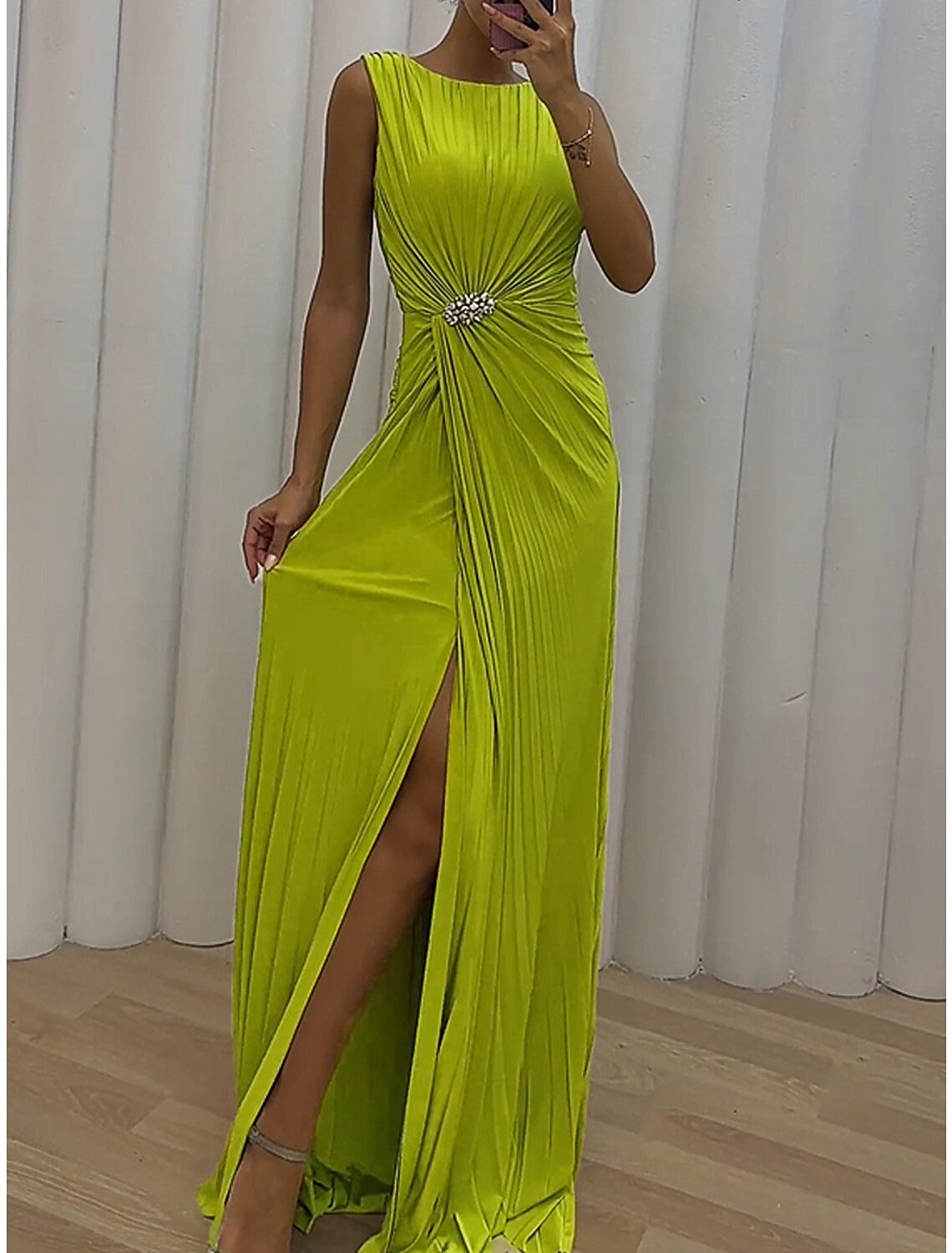Weitese Women's Prom Dress Party Dress Wedding Guest Dress Long Dress Maxi Dress Green Sleeveless Pure Color Split Spring Fall Winter Crew Neck Party Evening Party Wedding Guest Vacation
