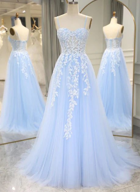 Light Blue Tulle A-line Prom Dress Party Dress with Lace