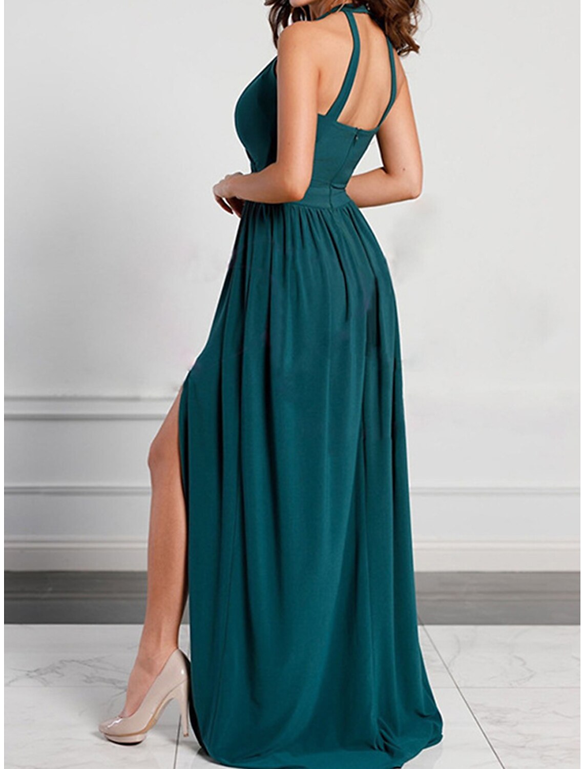 Weitese Women's Prom Dress Party Dress Wedding Guest Dress Long Dress Maxi Dress Pink Wine Green Sleeveless Plain Backless Summer Spring Fall Halter Neck Elegant Wedding Guest Evening Party Vacation