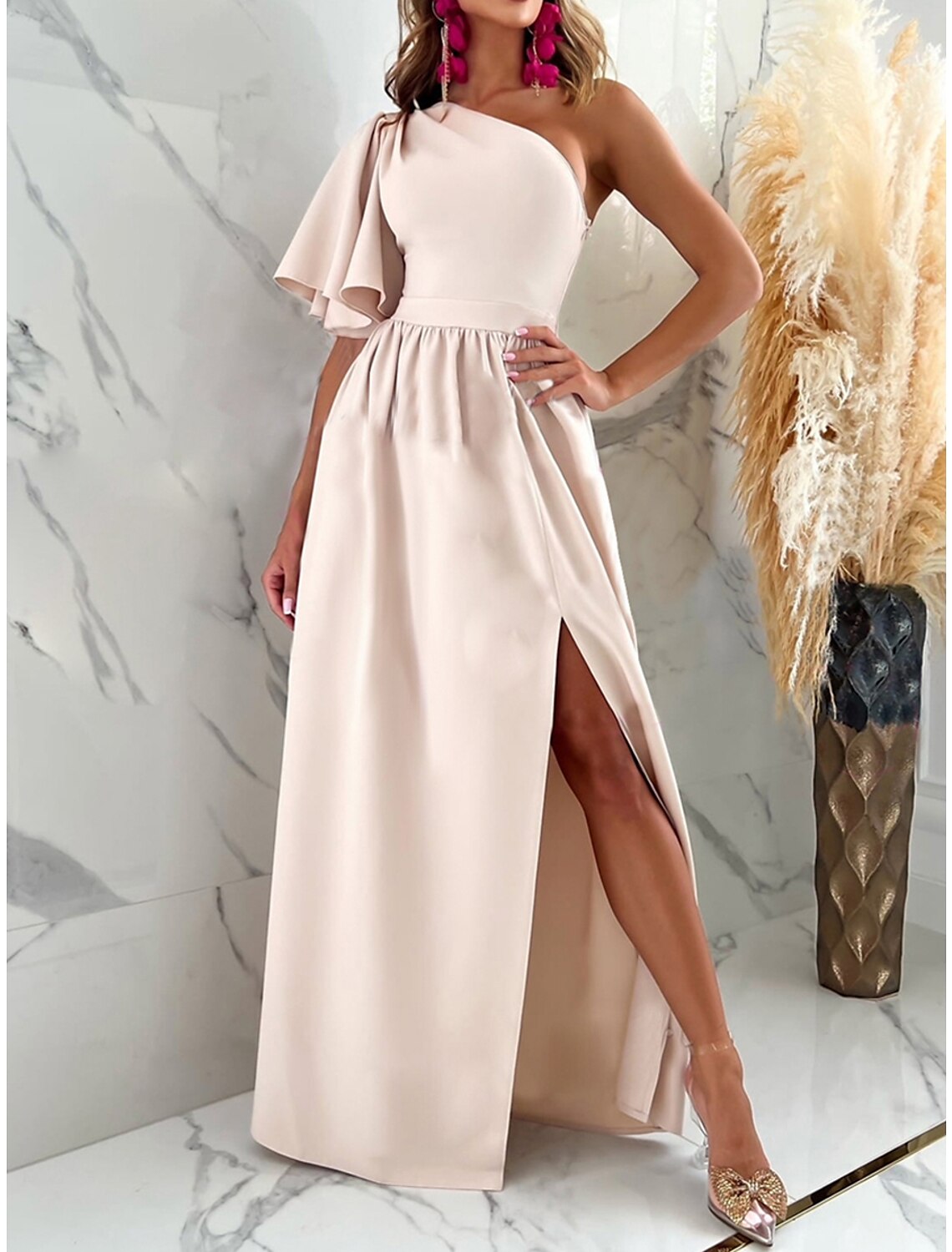 Women's Prom Dress Party Dress Satin Dress Long Dress Maxi Dress Black Red Fuchsia Short Sleeve Pure Color Ruffle Spring Fall Winter One Shoulder Fashion Christmas Wedding Guest Birthday