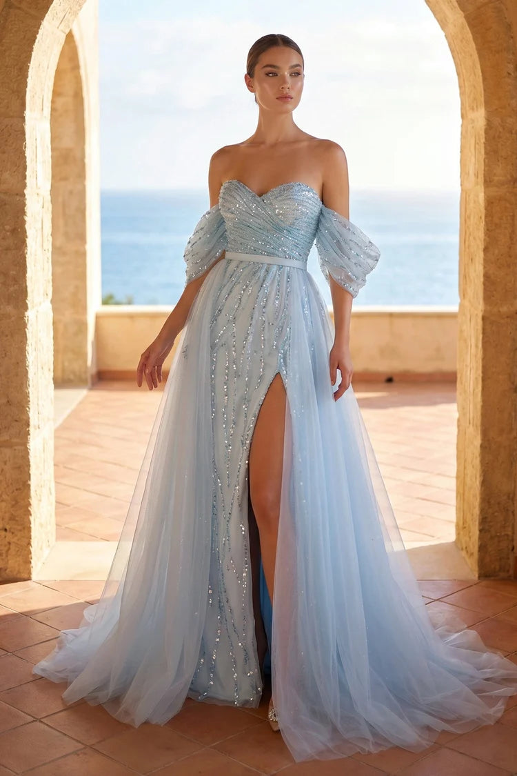 Sky Blue Tulle and Sequins A-Line Sweetheart Lace-Up Back Floor Length Dress