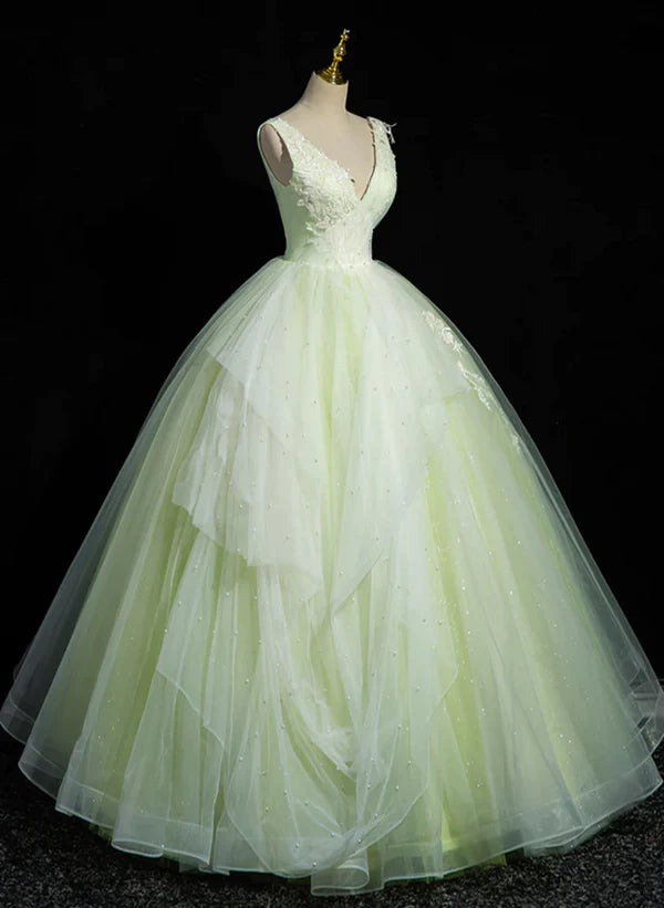 Light Green V-neckline Tulle Long Party Dress