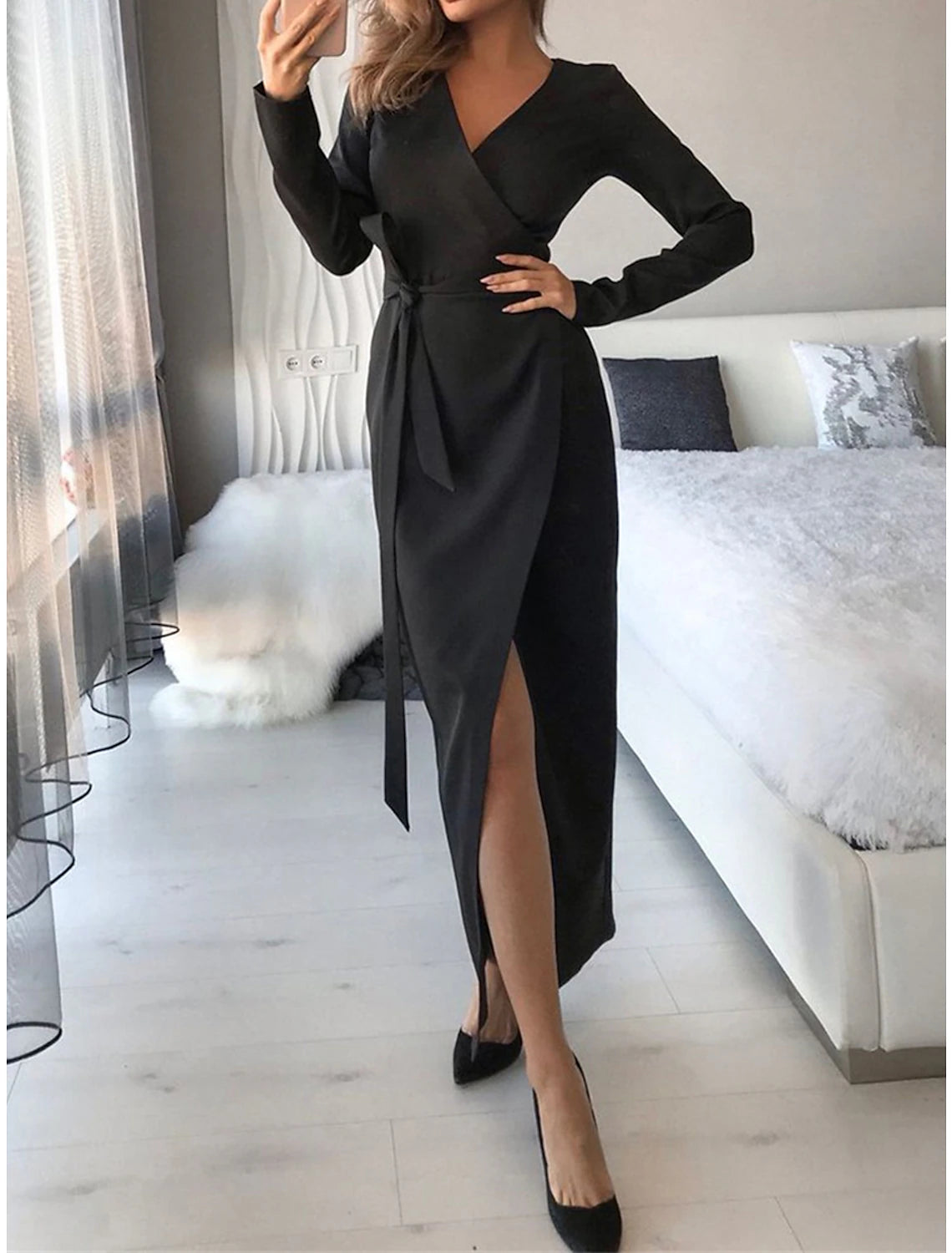 Women's Party Dress Wedding Guest Dress Sheath Dress Long Dress Maxi Dress Black White Khaki Long Sleeve Pure Color Lace up Fall Winter Autumn V Neck Fashion Winter Dress Wedding Guest Birthday