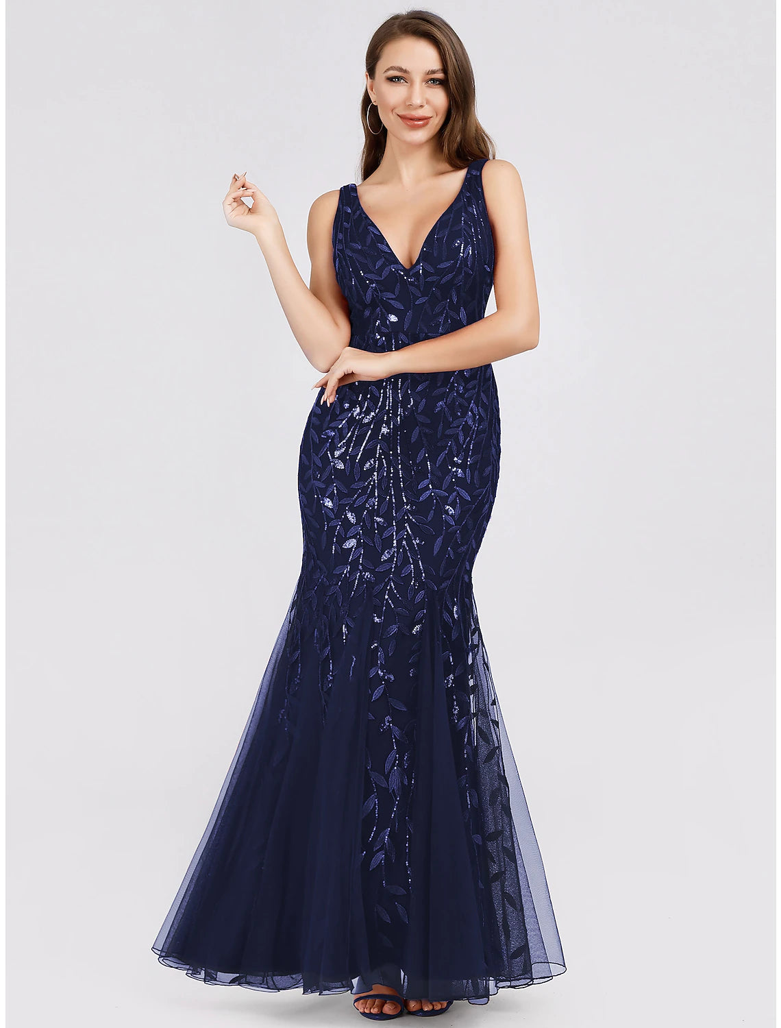 Mermaid Dress Sparkle Red Green Dress Prom Formal Evening Valentine‘s Day Dress V Neck V Back Sleeveless Floor Length Tulle with Sequin Appliques