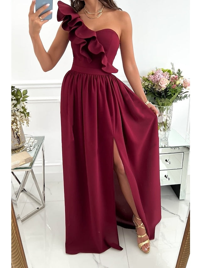 Prom Dresses Swing Dress Long Dress Maxi Dress Wine Red Green Sleeveless Pure Color Patchwork Summer Spring Cold Shoulder Elegant Wedding Guest