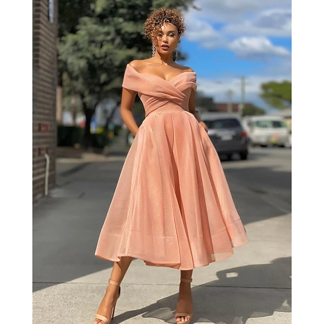 Women‘s Semi Formal Wedding Guest Party Dress Homecoming Dress Swing Dress Long Dress Maxi Dress Blue Pink Red Sleeveless Pure Color Mesh Spring Summer Off Shoulder Slim