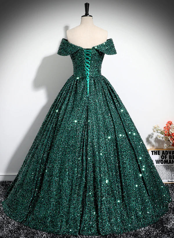 Vestido de fiesta con hombros descubiertos y lentejuelas verde oscuro