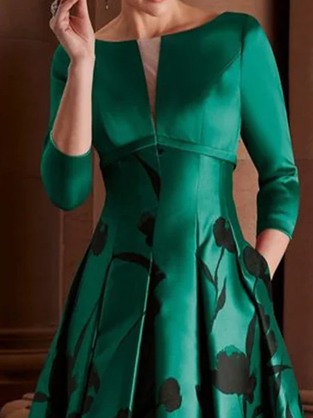 Women‘s Emerald Green Party Christmas Dress Midi Dress Green 3/4 Length Sleeve Floral Print Summer Spring Fall Winter V Neck Dress