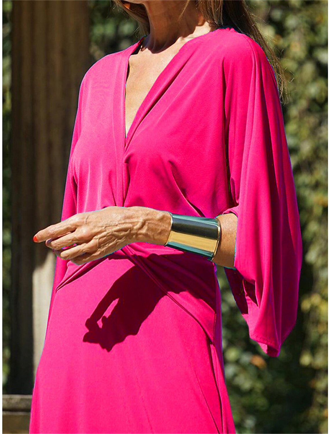 Women's Prom Dress Party Dress Wedding Guest Dress Long Dress Maxi Dress Fuchsia Green Light Blue 3/4 Length Sleeve Pure Color Knot Front Spring Fall Winter V Neck Fashion Winter Dress Wedding Guest