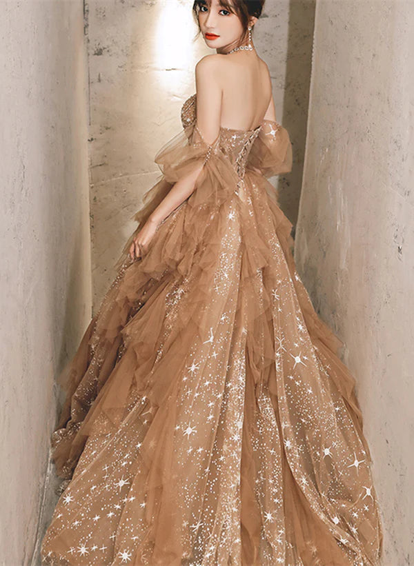 Champagne A-line Tulle Beaded Off Shoulder Prom Dress