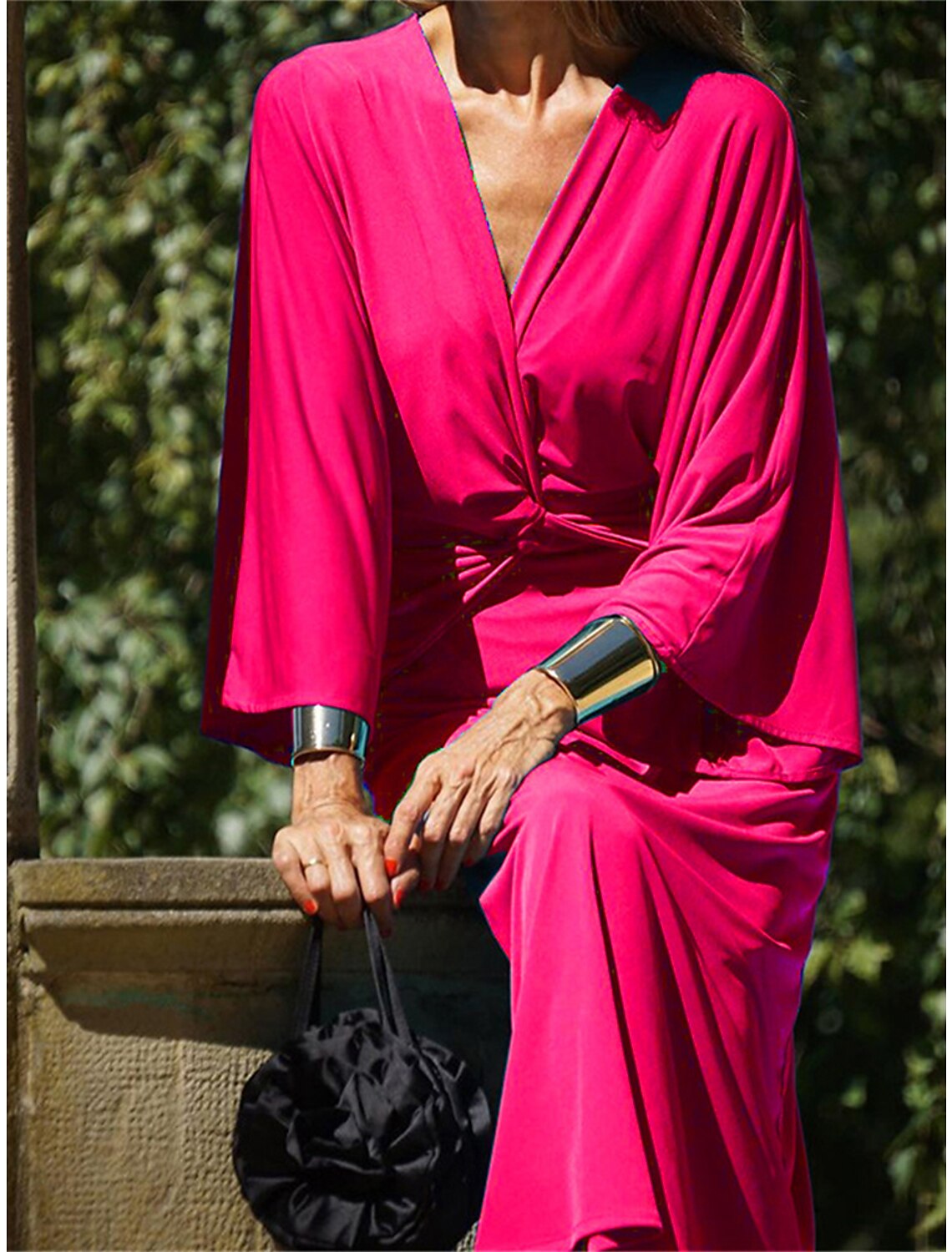 Women's Prom Dress Party Dress Wedding Guest Dress Long Dress Maxi Dress Fuchsia Green Light Blue 3/4 Length Sleeve Pure Color Knot Front Spring Fall Winter V Neck Fashion Winter Dress Wedding Guest