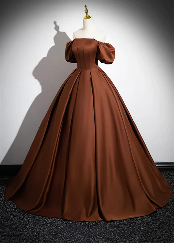 Vestido de fiesta de satén marrón, largo hasta el suelo, con escote cuadrado y mangas cortas en forma de A