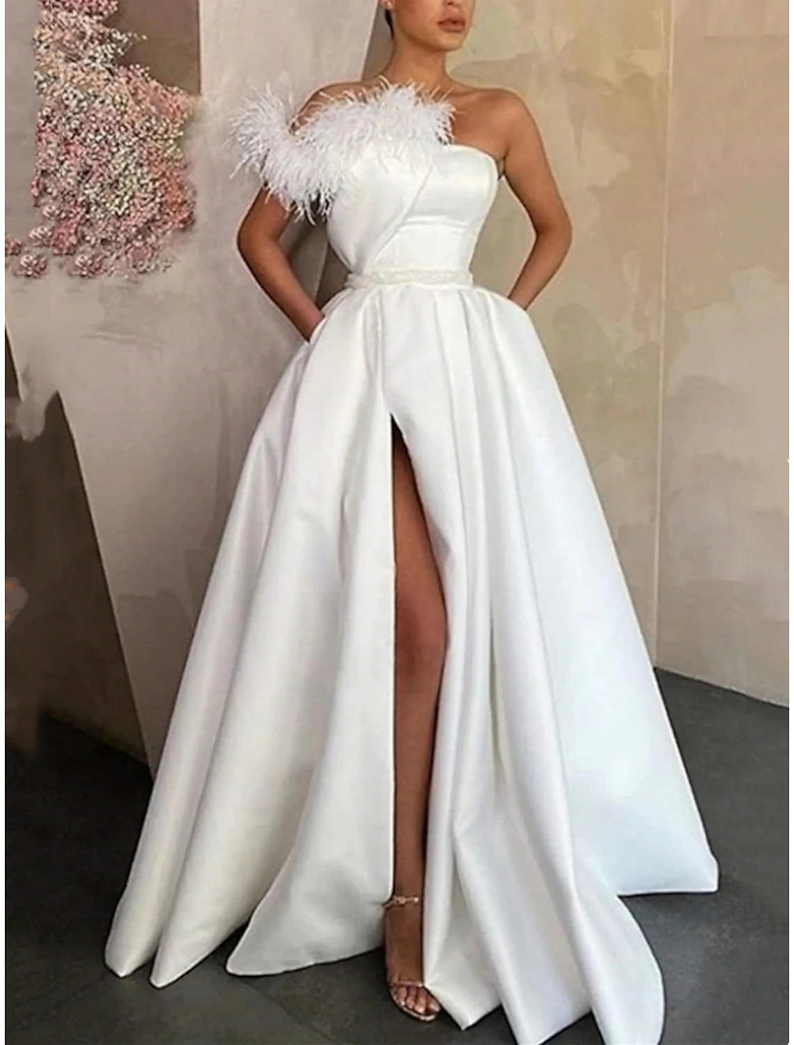 Weitese A-Line Evening Gown High Split Dress Formal Floor Length Sleeveless One Shoulder Satin with Feather Slit