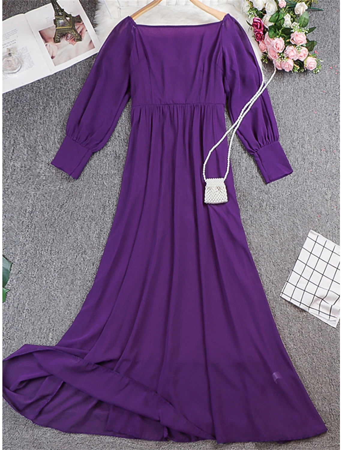 Weitese Women's Prom Dress Party Dress Wedding Guest Dress Long Dress Maxi Dress Black Wine Purple Long Sleeve Plain High Waist Summer Spring Fall Off Shoulder Elegant Wedding Guest Birthday Evening Party