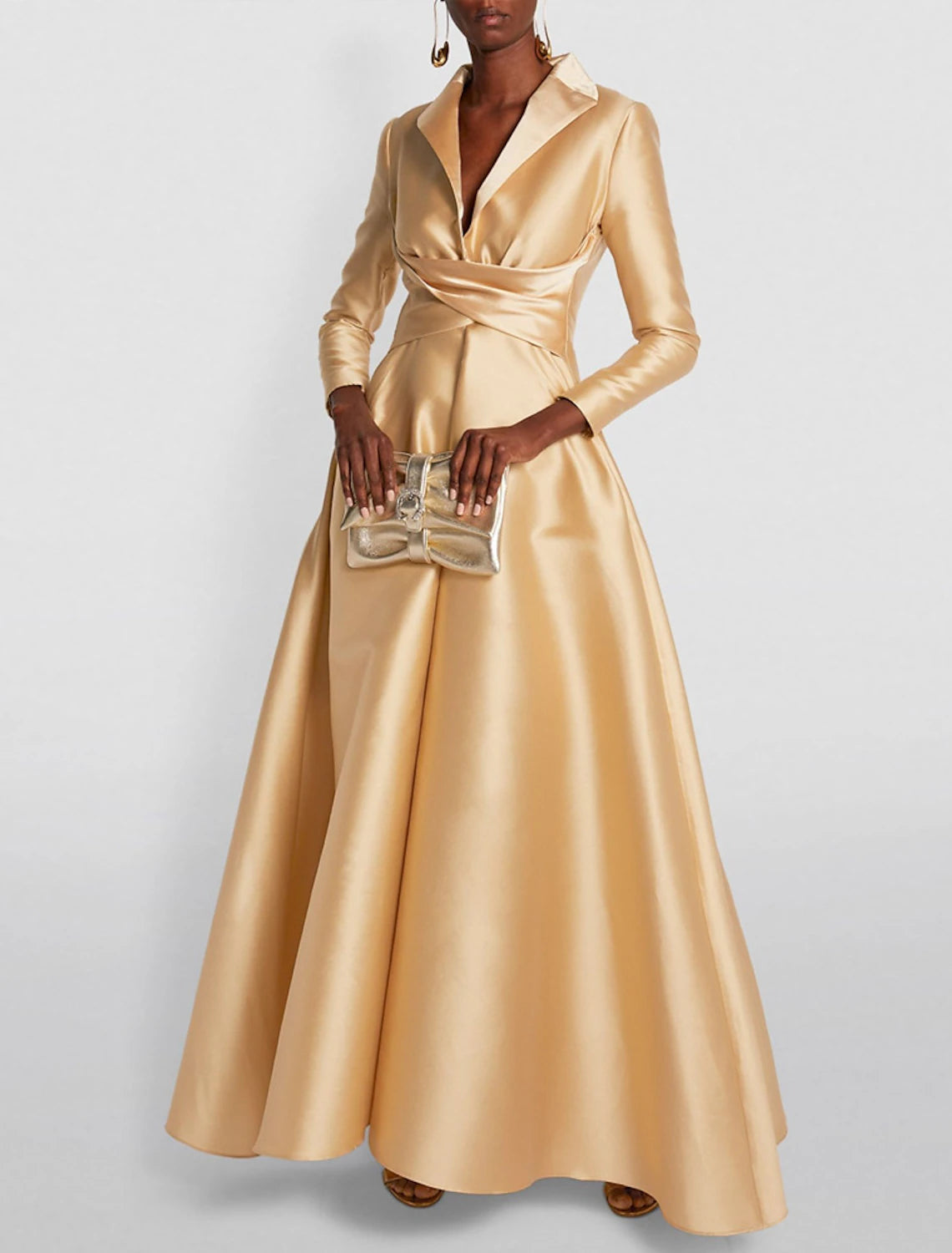 Weitese A-Line Evening Gown Elegant Red Green Dress Formal Wedding Guest Floor Length Long Sleeve Shirt Collar Satin with Ruched