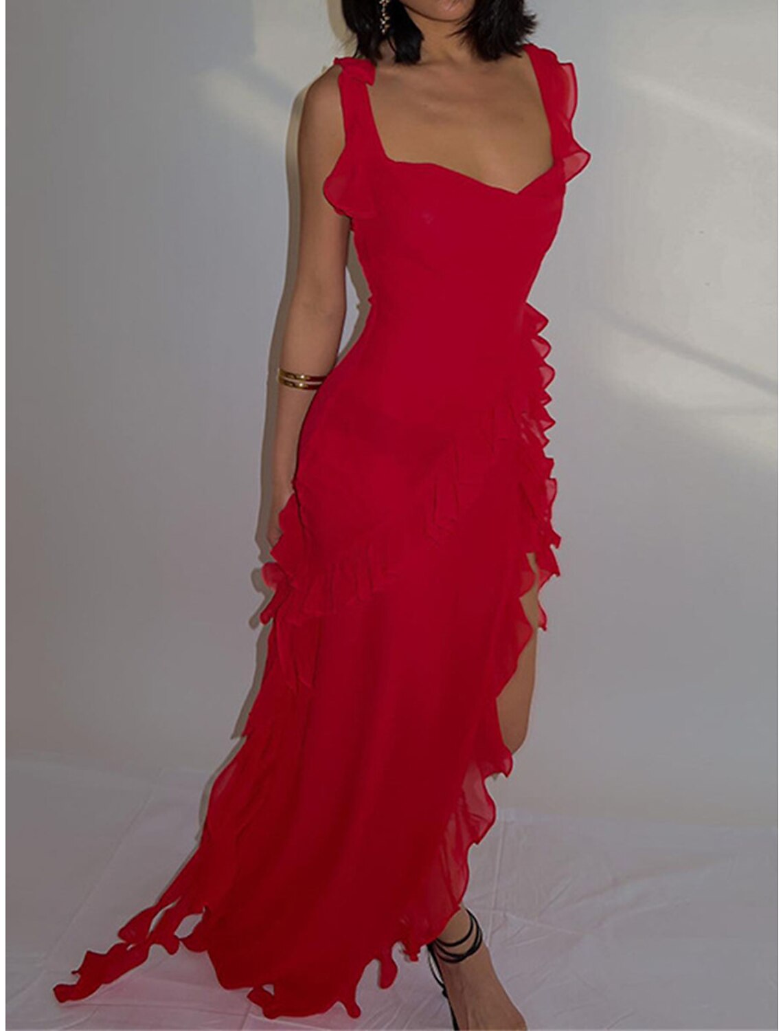 Women's Christmas Prom Dress Party Dress New Year's Eve Dress Sheath Dress Long Dress Maxi Dress Black Red Light Blue Sleeveless Ruffle Spring Fall Winter Spaghetti Strap