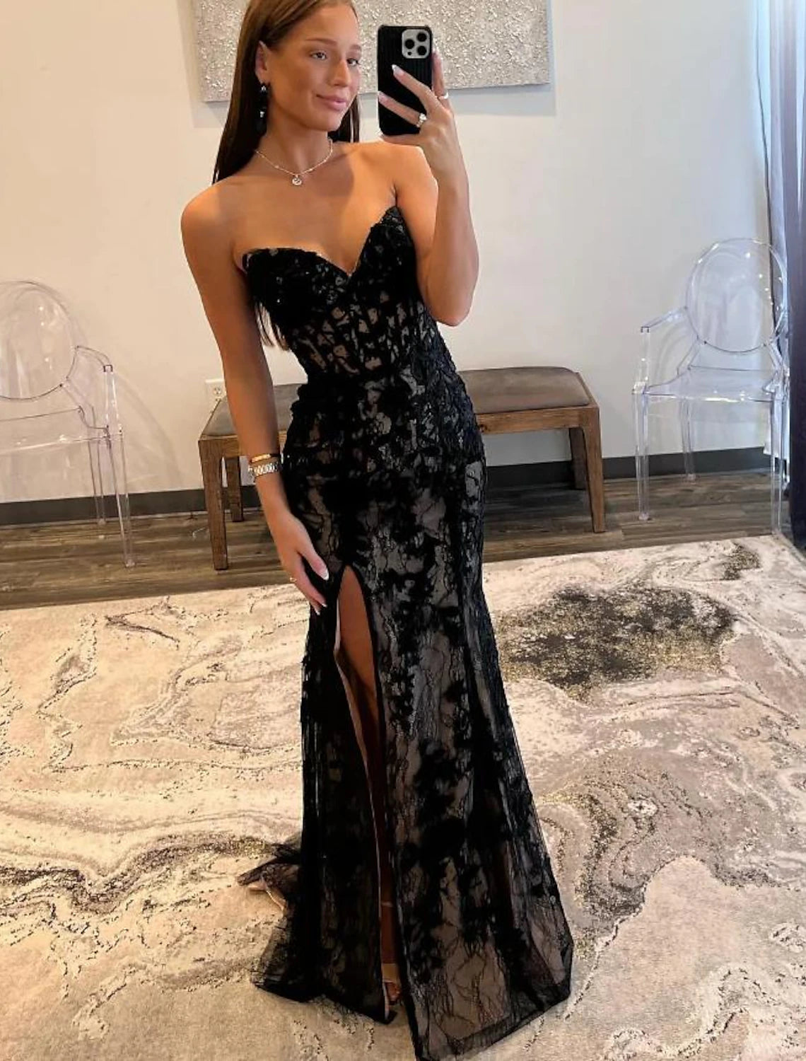 Weitese A-Line Mermaid / Trumpet Evening Gown Open Back Dress Graduation Prom Sweep / Brush Train Sleeveless Sweetheart Wednesday Addams Family Lace Backless with Glitter Slit Appliques