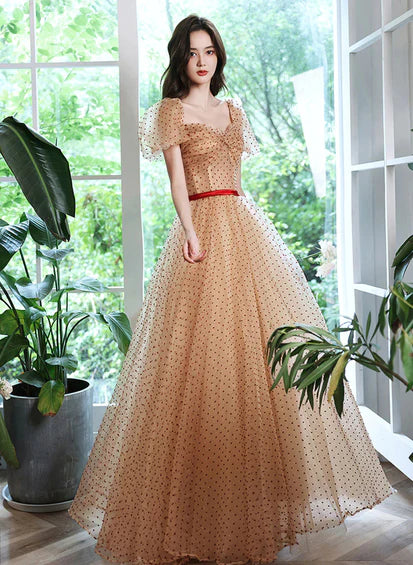 Champagne Fairy-Tale Neck A-line Short Sleeves Prom Dress