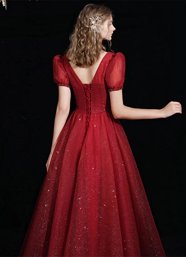 Robe de bal longue rouge vin à manches courtes en tulle et décolleté en V