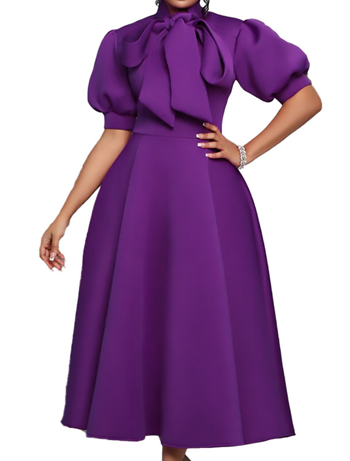 Women‘s Prom Cocktail Party Dress Wedding Guest Dress Swing Dress Long Dress Maxi Dress Purple Yellow Red Half Sleeve Pure Color Bow Spring Summer Stand Collar