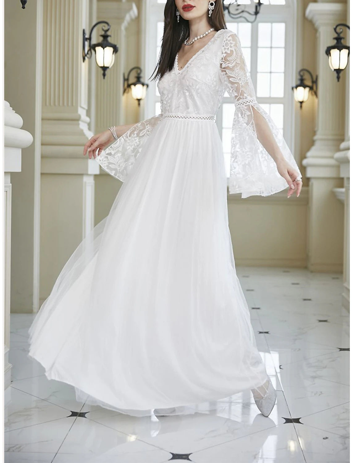 Weitese Women's Prom Dress Party Dress Lace Dress Long Dress Maxi Dress White Long Sleeve Pure Color Lace Summer Spring Fall V Neck Party Evening Party Wedding Guest Summer Dress