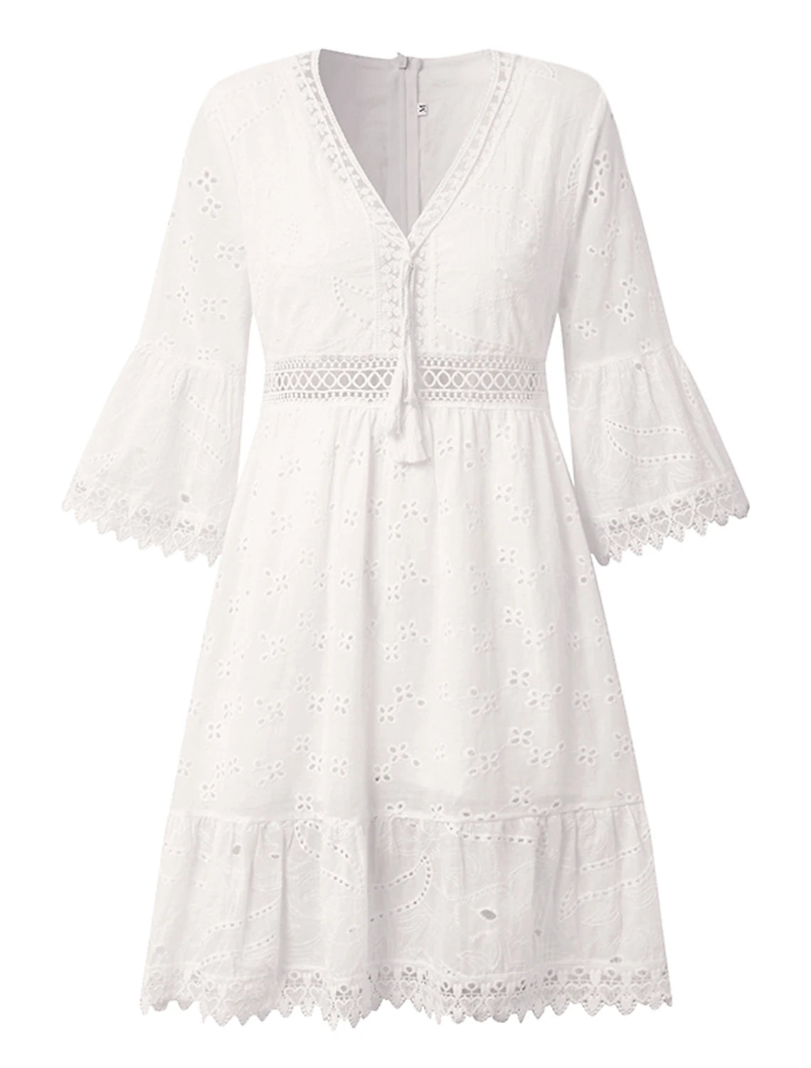 Women‘s Party Dress Casual Dress Lace Dress Mini Dress White Beige 3/4 Length Sleeve Embroidery Ruched Summer Spring Fall V Neck Fashion Wedding Summer Dress Office