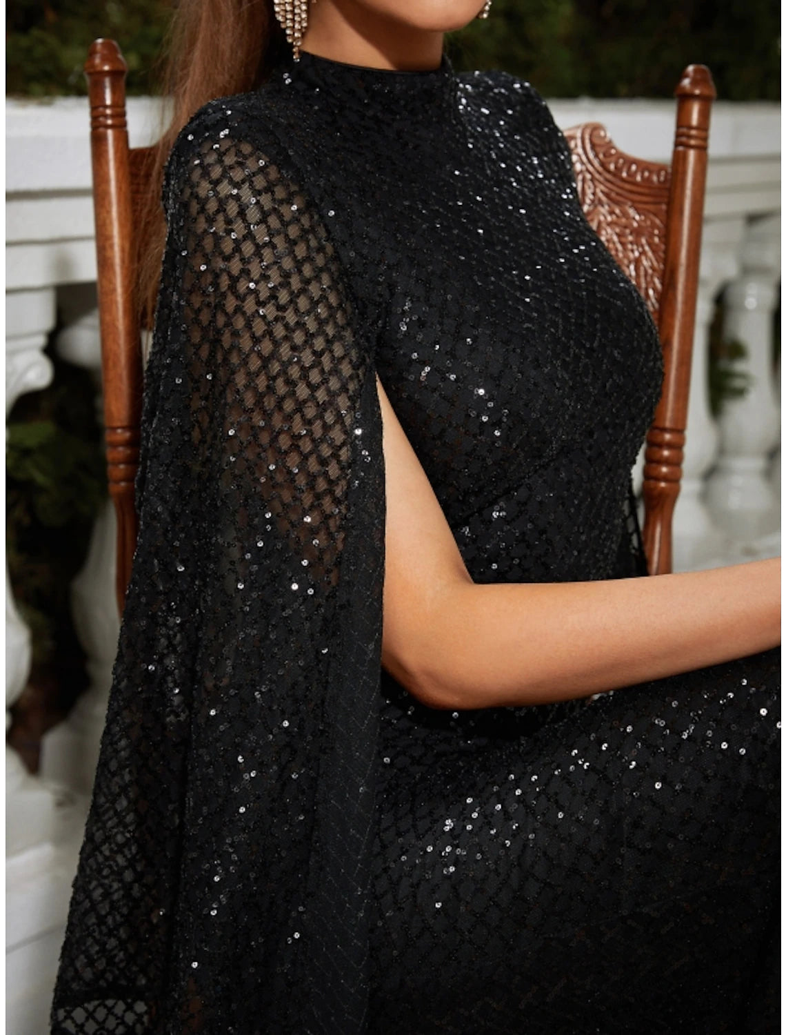 Weitese Mermaid / Trumpet Evening Gown Sparkle & Shine Dress Formal Wedding Guest Floor Length Sleeveless High Neck Sequined with Glitter Pleats