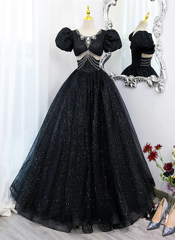 Glam Black Tulle Beaded Short Sleeves Prom Dress