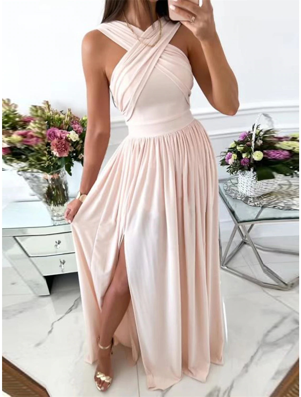 Women's Black Dress Prom Dress Christmas Party Dress Long Dress Maxi Dress Black Wine Red Sleeveless Pure Color Ruched Spring Fall Winter Halter Neck