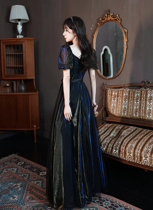 Black A-line Short Sleeves Tulle Long Formal Dress