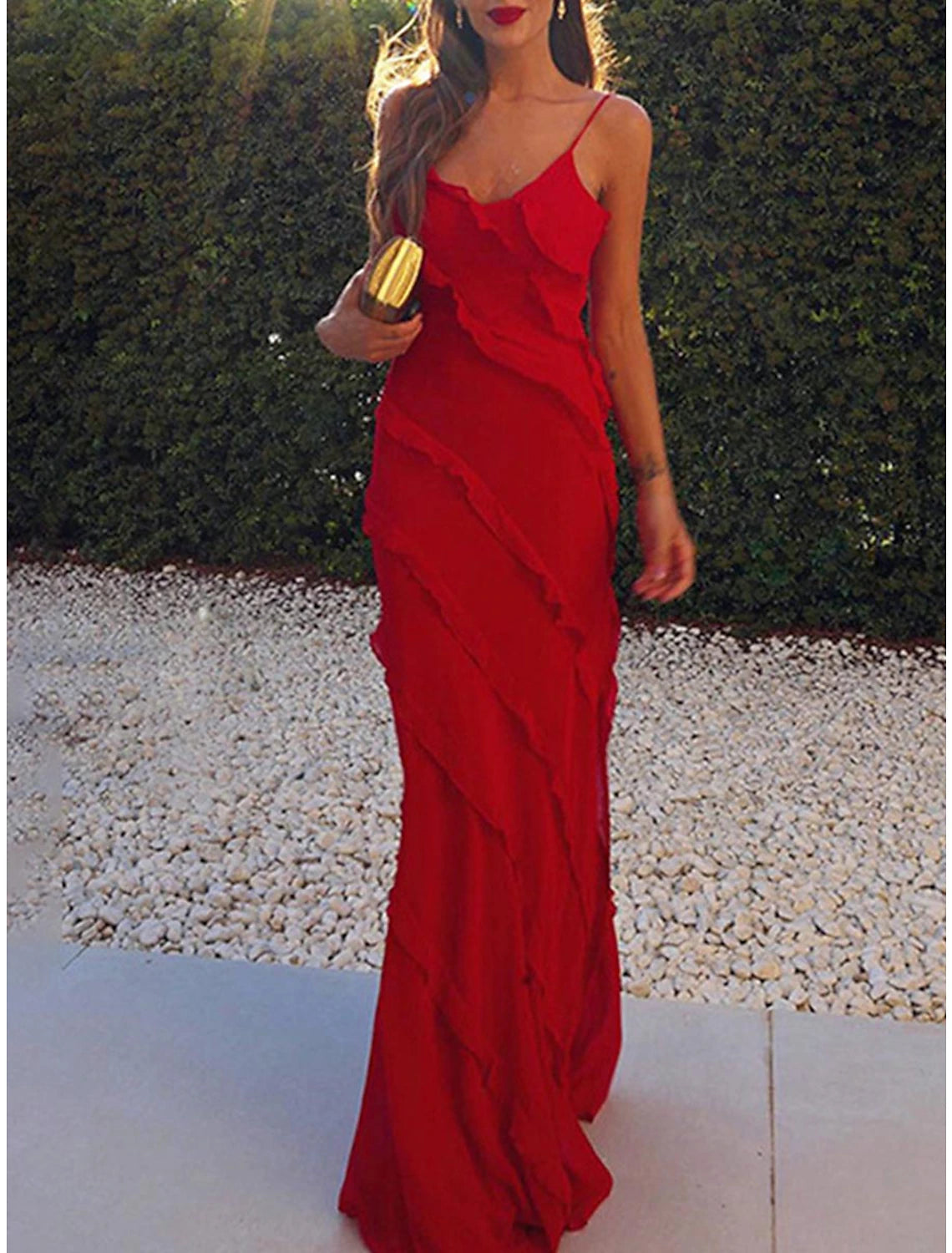 Women's Black Dress Prom Dress Party Dress Long Dress Maxi Dress Black Red Sleeveless Pure Color Ruffle Summer Spring Spaghetti Strap Fashion Wedding Guest Evening Party Vacation Slim