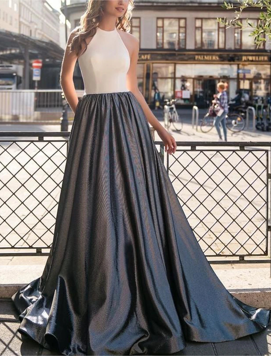 Weitese A-Line Evening Gown Color Block Dress Wedding Prom Floor Length Sleeveless Stand Collar Stretch Chiffon with Glitter