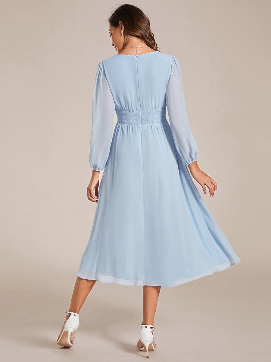 Weitese Chiffon V-Neck Long Sleeves Band Midi Wedding Guest Dress