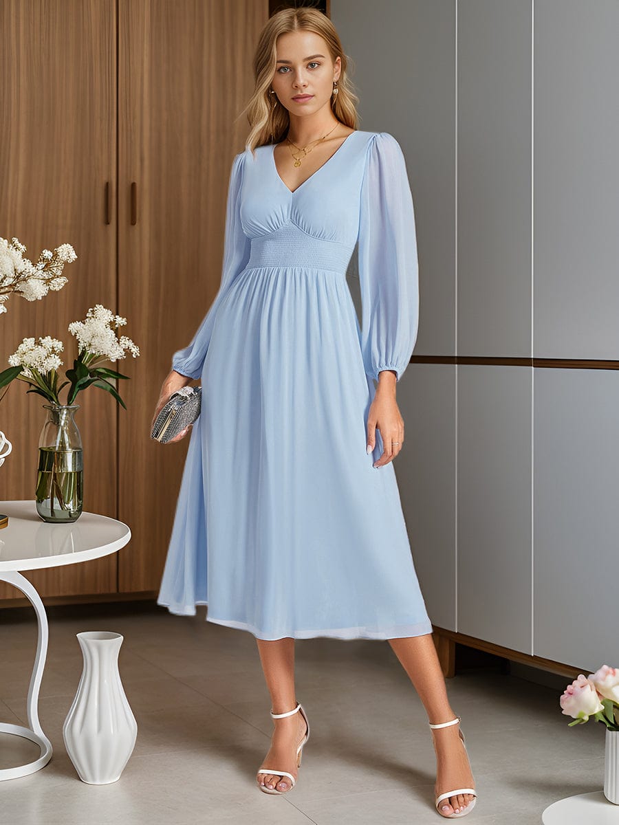 Weitese Chiffon V-Neck Long Sleeves Band Midi Wedding Guest Dress