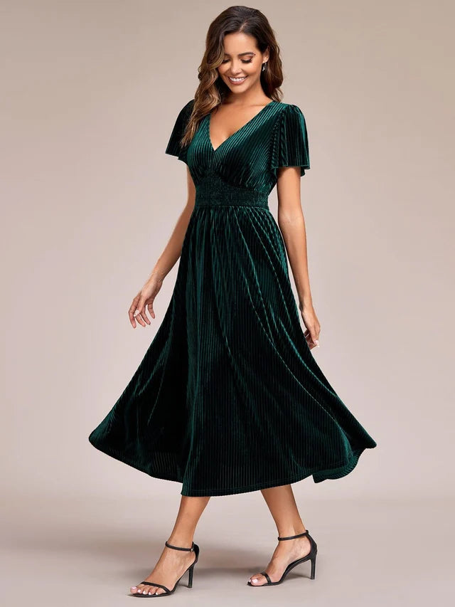 Dark Green Velvet A-Line V-Neck Back Zip Midi Dress