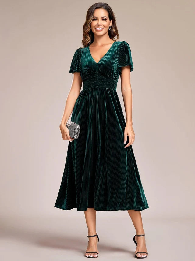 Dark Green Velvet A-Line V-Neck Back Zip Midi Dress