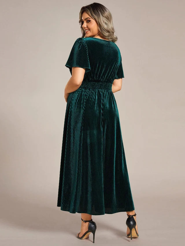 Dark Green Velvet A-Line V-Neck Back Zip Midi Dress