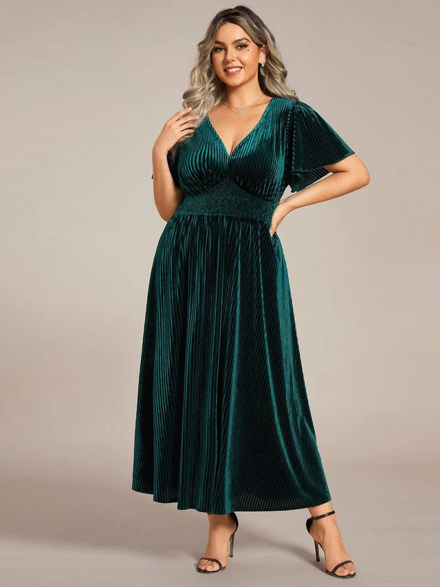 Dark Green Velvet A-Line V-Neck Back Zip Midi Dress