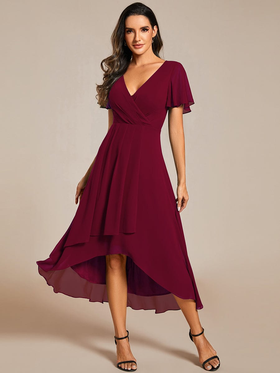 Weitese Ruffles Sleeve Pleated V-Neck A-Line Midi Chiffon Wedding Guest Dress