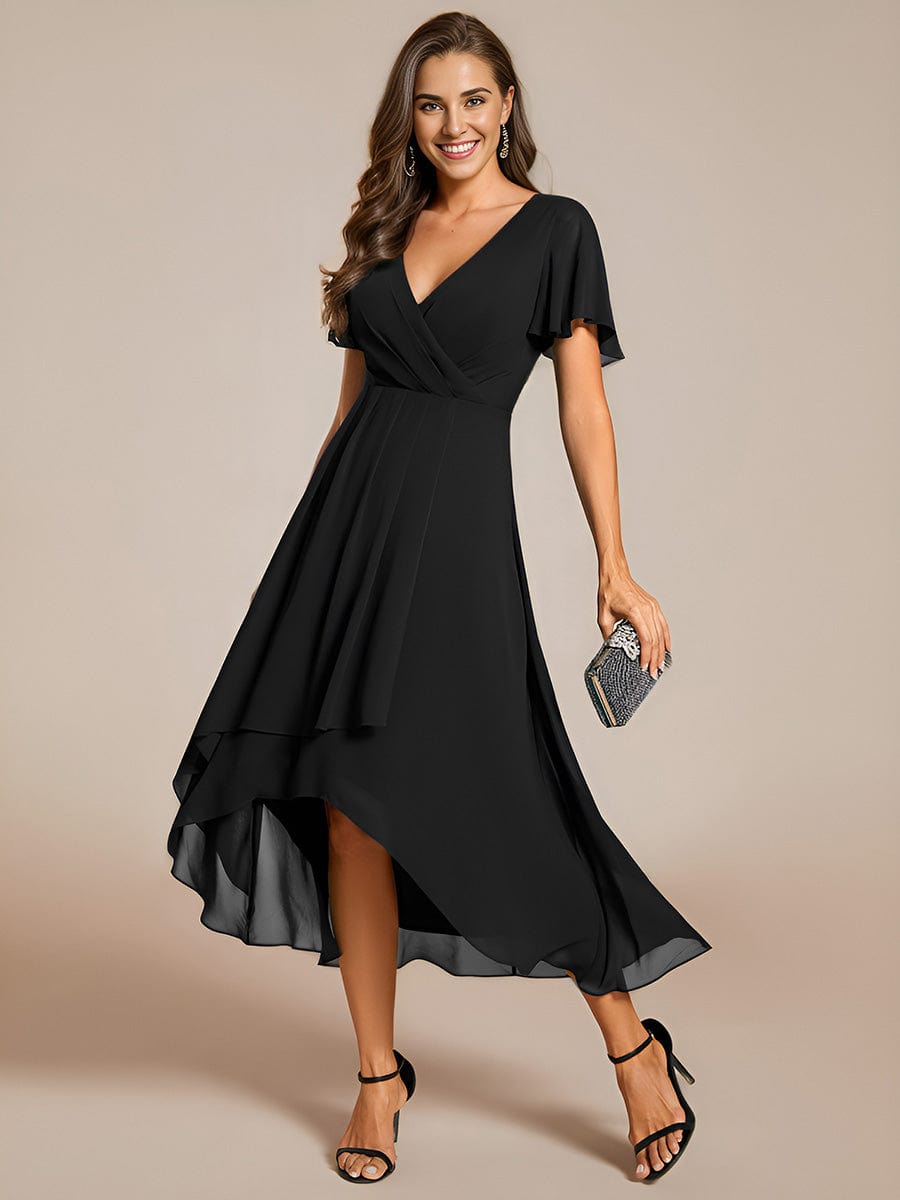 Weitese Ruffles Sleeve Pleated V-Neck A-Line Midi Chiffon Wedding Guest Dress
