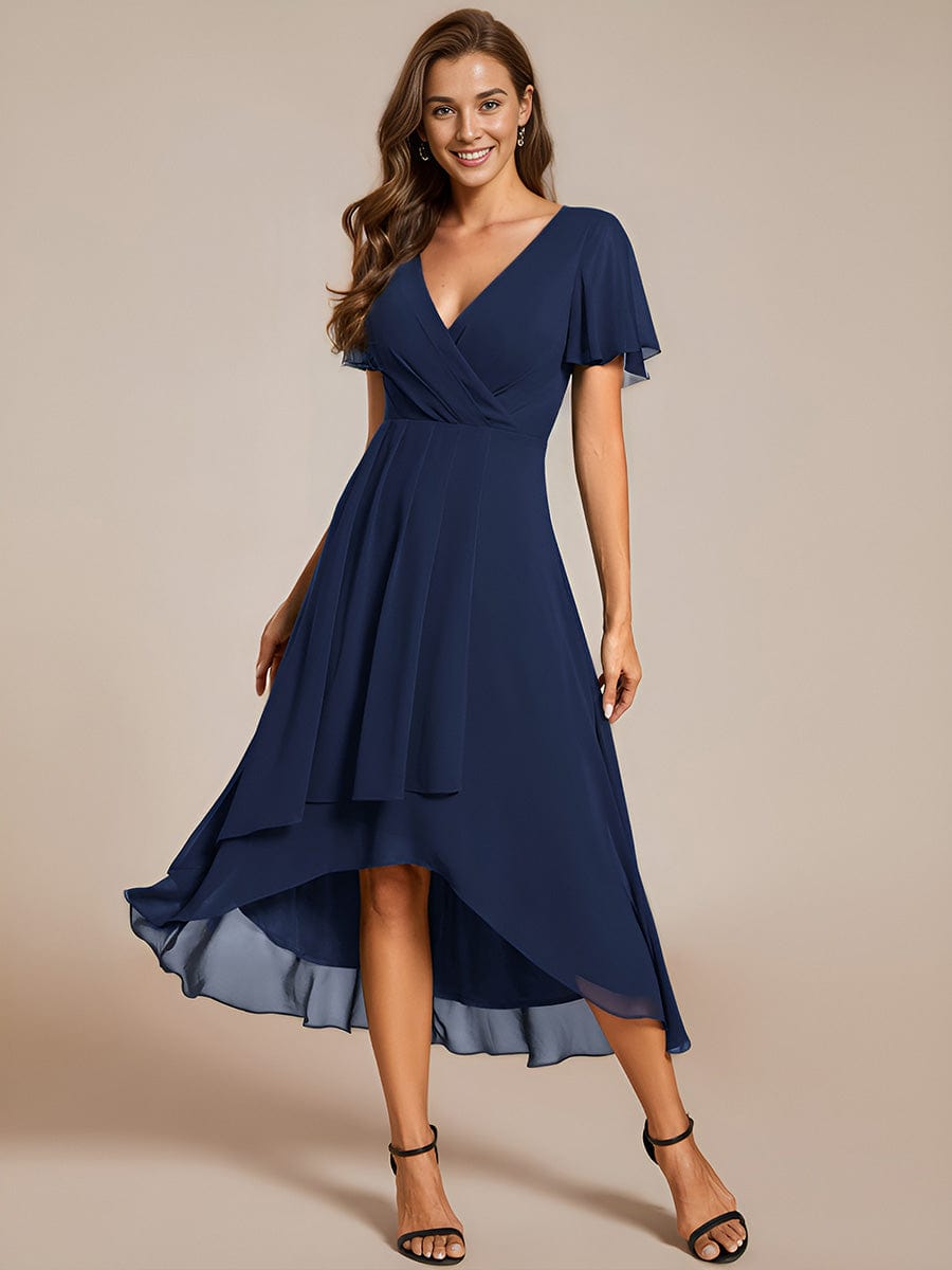 Weitese Ruffles Sleeve Pleated V-Neck A-Line Midi Chiffon Wedding Guest Dress