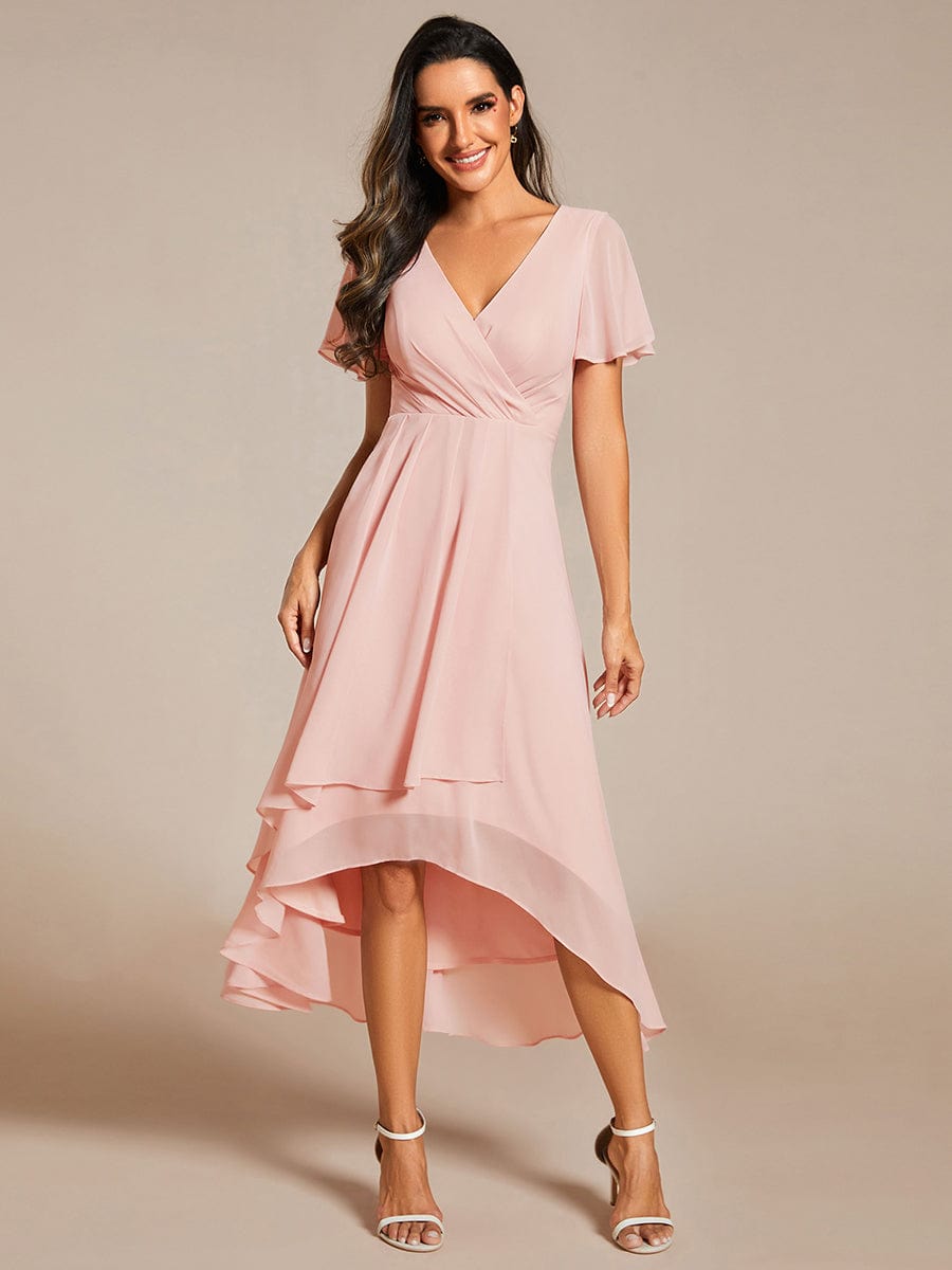 Weitese Ruffles Sleeve Pleated V-Neck A-Line Midi Chiffon Wedding Guest Dress