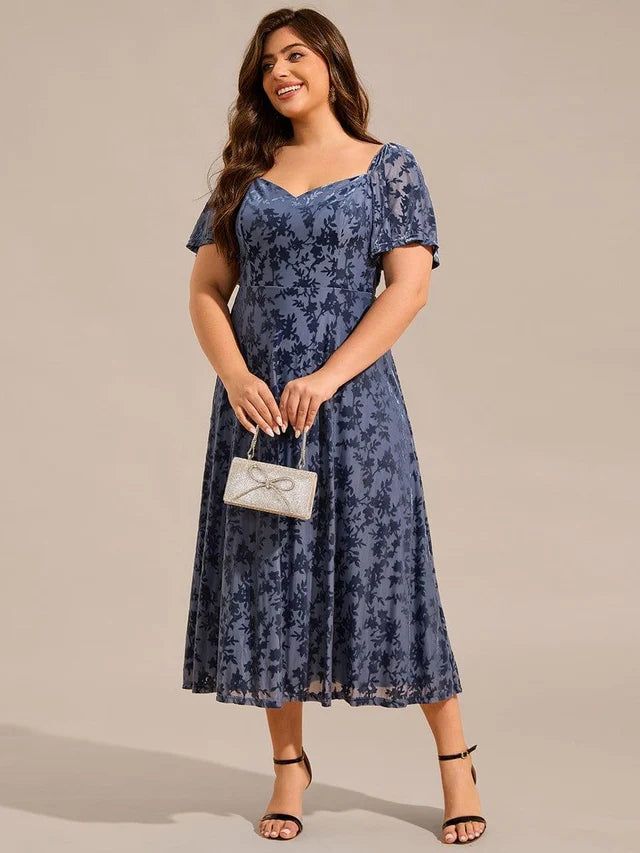 Steel Blue Velvet Burnout Mesh A-Line Sweetheart Tea-Length Dress