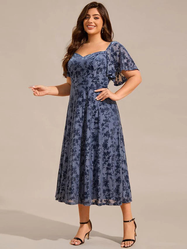 Steel Blue Velvet Burnout Mesh A-Line Sweetheart Tea-Length Dress