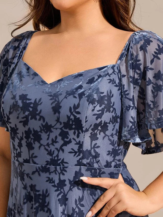 Steel Blue Velvet Burnout Mesh A-Line Sweetheart Tea-Length Dress