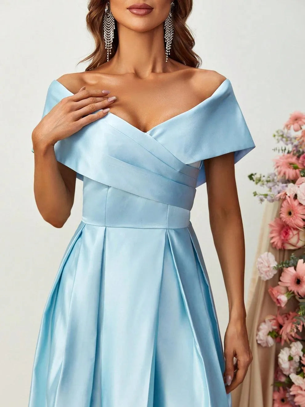 Elegant Evening Dresses/ Off Shoulder Fold Pleated Detail Satin A Line Dress Evening Dresses/ Evening Dresses For Women