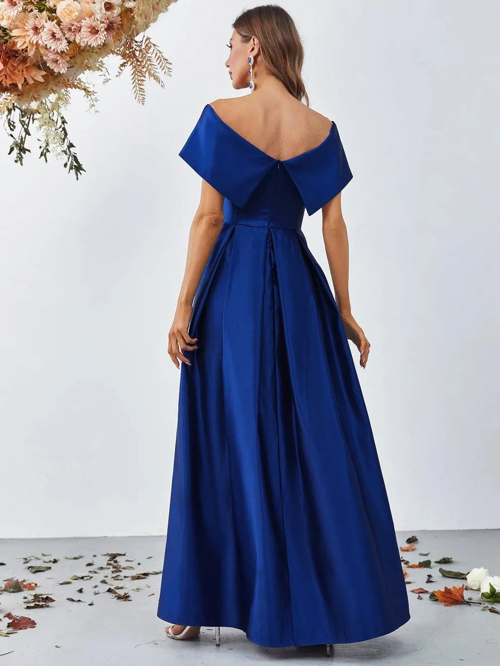 Elegant Evening Dresses/ Off Shoulder Fold Pleated Detail Satin A Line Dress Evening Dresses/ Evening Dresses For Women