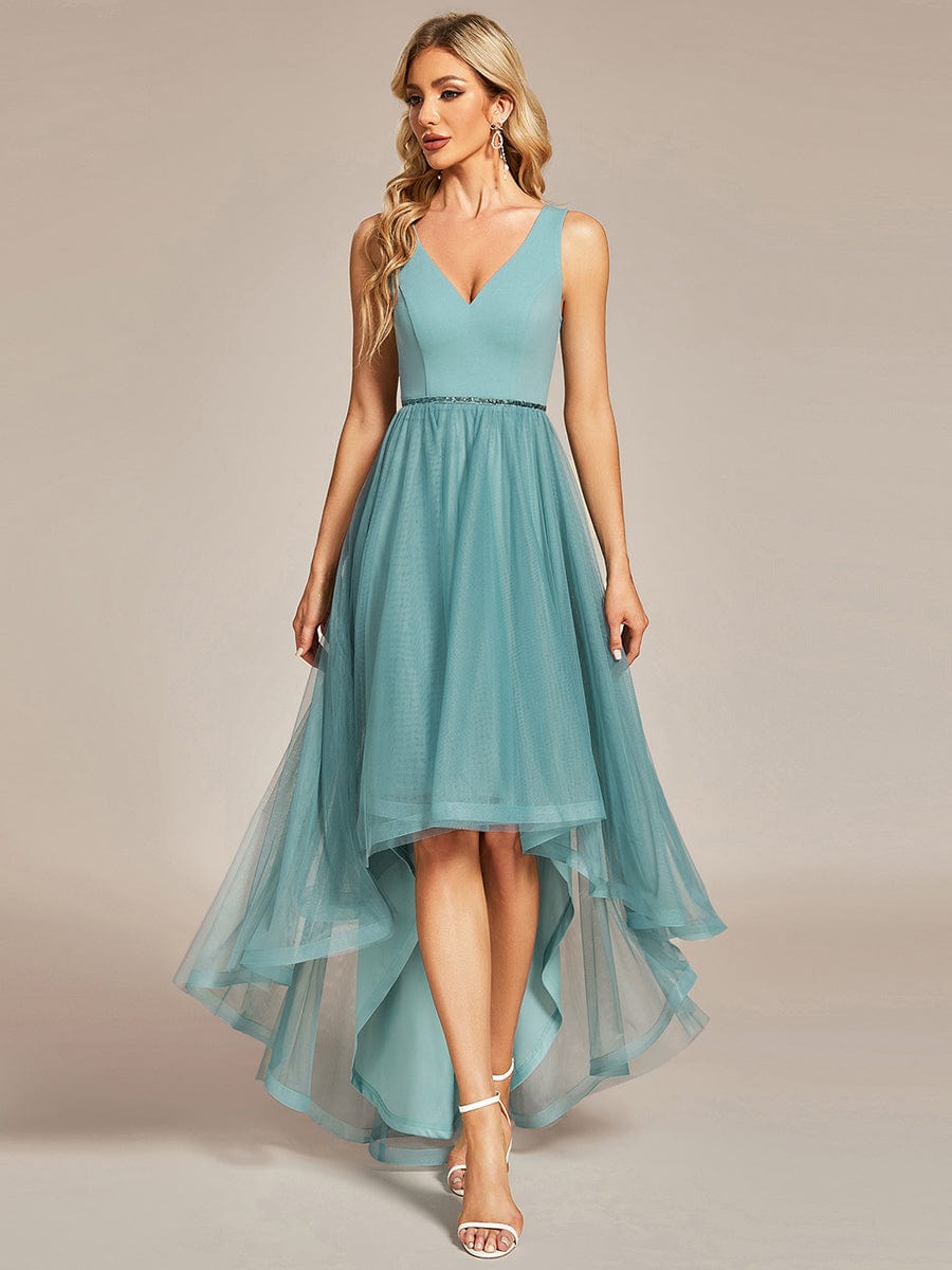 Weitese Sleeveless Tulle High Low Prom Dress with Waist Chain