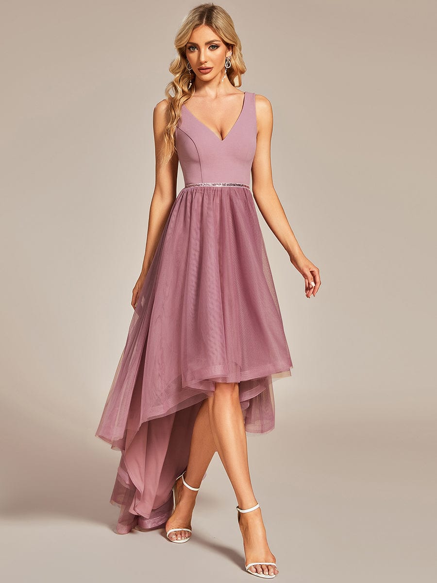 Weitese Sleeveless Tulle High Low Prom Dress with Waist Chain
